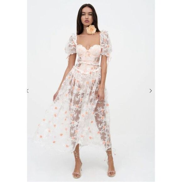 For Love and Lemons Tessa White Floral Appliqué Embroidered Midi Dress Sz M $369 - Picture 3 of 16